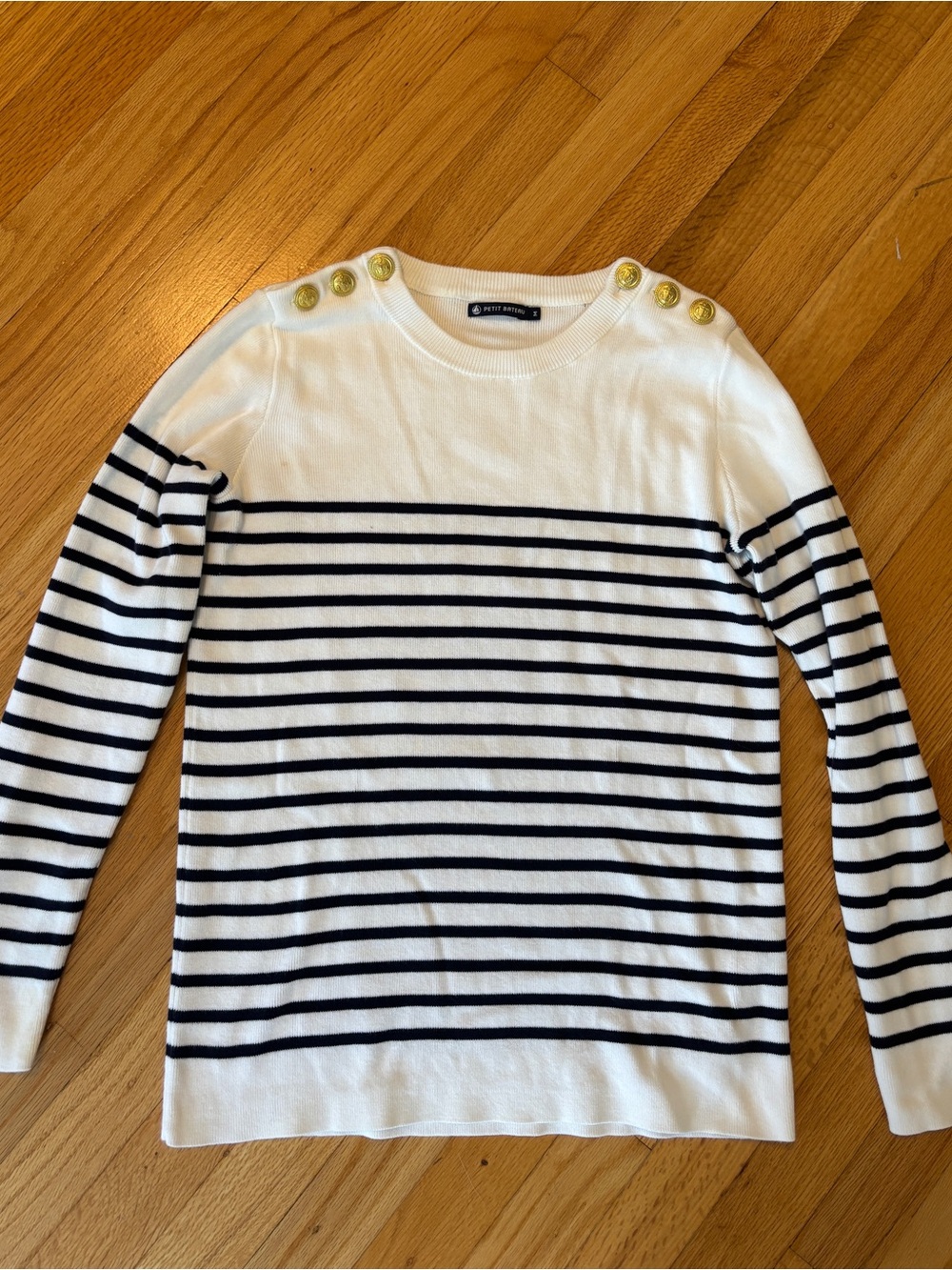 Petit Bateau White & Navy Striped Crewneck Sweater with Gold Buttons